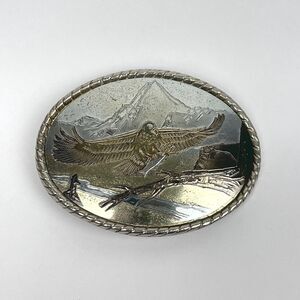 VTG Etched Flying American Eagle Mountain Landscape Metal Belt Buckle USA